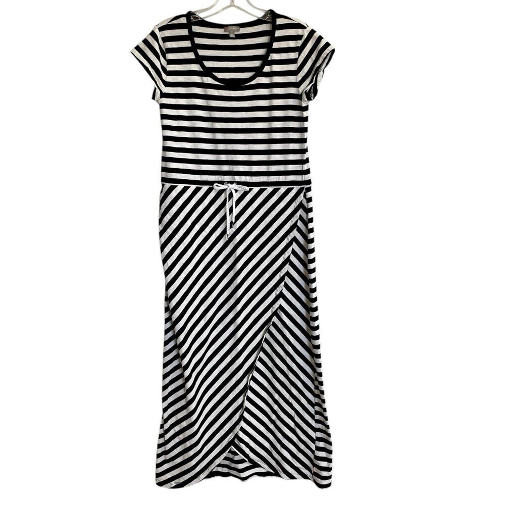 Talbots Striped Maxi Faux Wrap Waist Tie Dress Size Medium Black White C…
